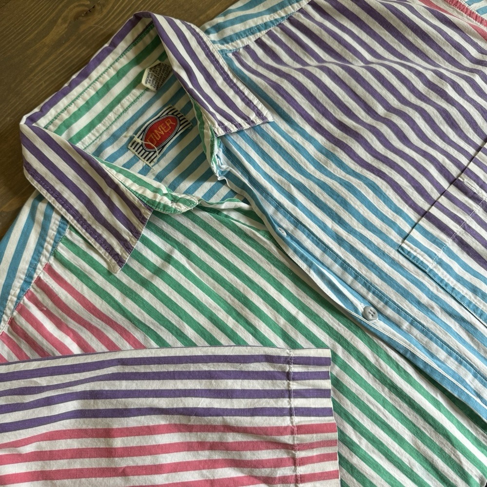 Duner Men's Large Colorful Striped Vintage 90's Short Sleeve Button Up Shirt - Picture 1 of 8